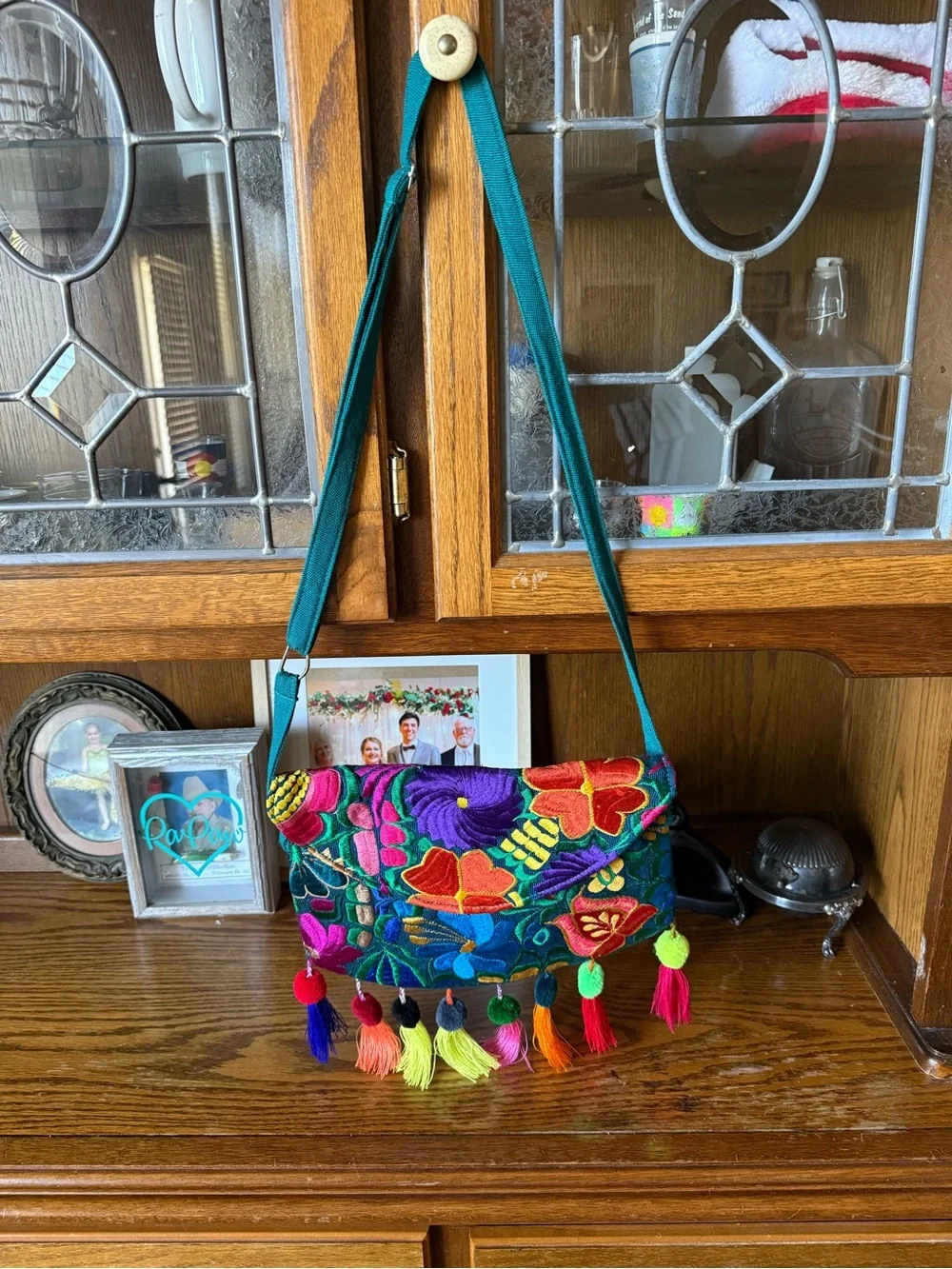 Colorful Floral Embroidered Crossbody Bag - Teal Strap